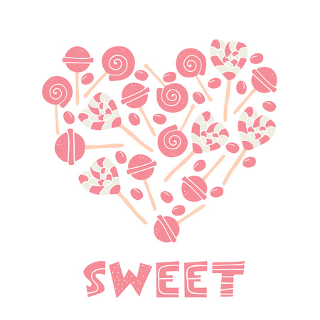Candy lover illustration. Set hand drawn candies, lollipop, desserts, sweets in form of the heart with sweet hand lettering. Illustration, doodle isolated on white. - Vectorのイラスト素材