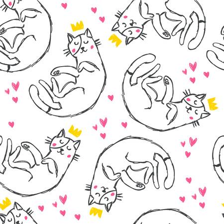 Hand drawn funny cats with crowns and hearts seamless pattern. Cute cartoon playful cats. Textile with outline animals kids design. Doodle style children illustration for clothes,  fabric - Vectorのイラスト素材