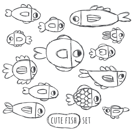 Cute handdrawn fish set isolated on white. Stylish scandinavian style minimalistic baby illustrations. Black and white fish set. Perfect for textile, posters, fabrics, coloring books, stationary.のイラスト素材