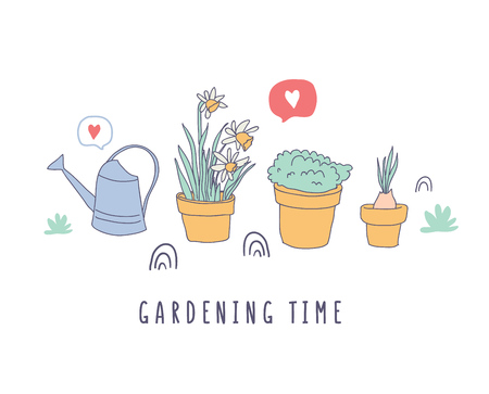 Garden time lettering. Set of tools for gardening in cute hand drawn style. Garden elements: wheelbarrow, spade, watering can, flowers, garden gloves, flowerpots, grass and leaves. - Vectorのイラスト素材
