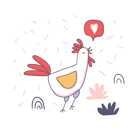 Cute cartoon rooster with love emoji in doodle sketchy style. Childish print for nursery, kids apparel, poster, postcard. Vector Illustration - Vectorのイラスト素材