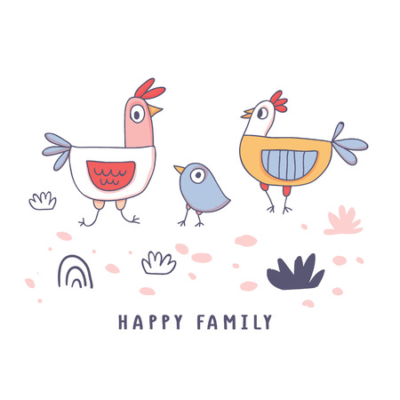 Cute cartoon rooster, chicken and hen family in doodle sketchy style. Childish print for nursery, kids apparel, poster, postcard. Vector Illustration - Vectorのイラスト素材
