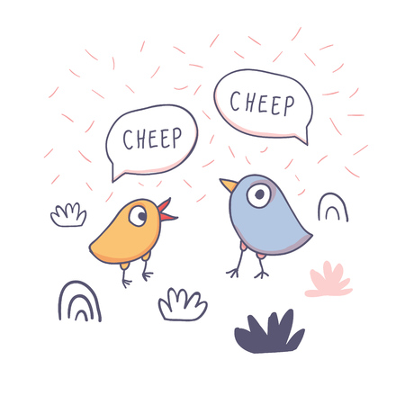 Cute cartoon chicken with cheep speech bubble in doodle sketchy style. Childish print for nursery, kids apparel, poster, postcard. Vector Illustration - Vectorのイラスト素材