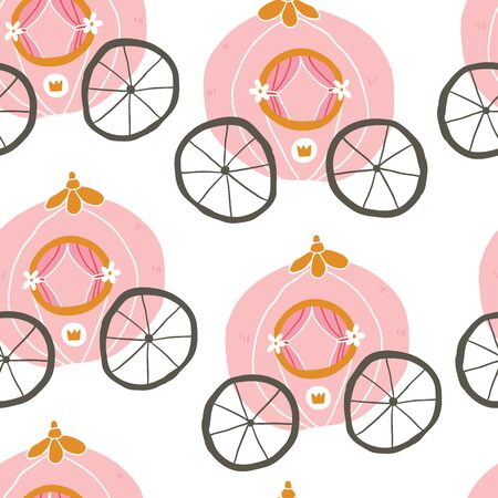 Hand drawn princess cinderella seamless pattern for textile with magical chariot - fairytale carriage. Abstract seamless pattern for girls. Creative background for girls. Tender colors. - Vectorのイラスト素材