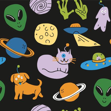 Cute hand drawn space pattern. Set on a space theme with aliens, animals, spaceships, planets - moon, saturn, ufo, stars, monsters. Vector seamless pattern isolated on white background. - Vectorのイラスト素材