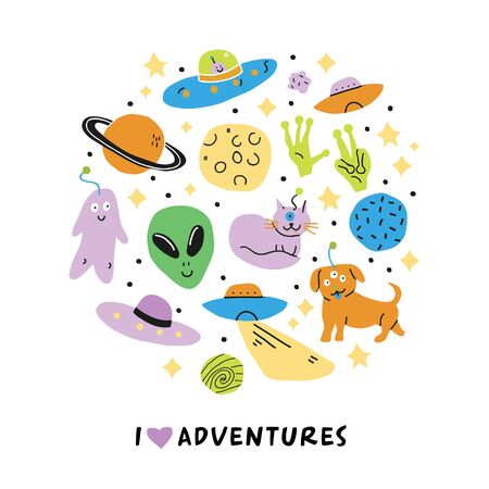 Round circle illustration with doodle aliens, animals, spaceships, planets, moon, saturn, ufo, stars, monsters with i love adventures lettering. Perfect for teenager geek fan of 90s tshirt - Vectorのイラスト素材
