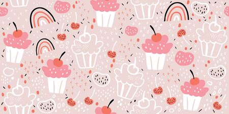 Seamless pattern with cute cupcakes and rainbows. Modern creative background with cupcake and hand drawn doodle elements perfect for kids textile. Trendy scandinavian design - Illustrationのイラスト素材