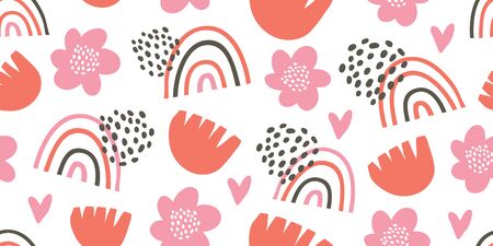 Seamless childish pattern with hand drawn rainbows, hearts, flowers. Creative scandinavian kids texture for fabric, wrapping, textile, wallpaper, apparel. Kids pattern. Scandinavian design. Vectorのイラスト素材