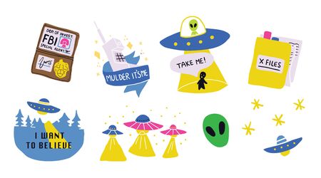Cute cosmos stickers set concept. Set on a space theme with aliens, ufo, area 51 sign, planets -...