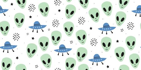 Childish seamless pattern with aliens, ufo in cosmos. Trendy scandinavian vector background. Perfect...