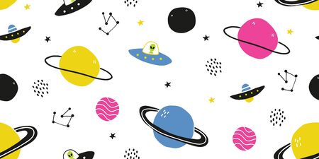 Childish seamless pattern with hand drawn cosmos ufo alien spaceships, planets, satellites,...