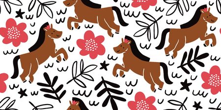 Childish seamless princess girly pattern with horses and flowers in scandinavian style. Creative vector childish background for fabric, textile. Scandinavian design. Kids pattern. - Vectorのイラスト素材