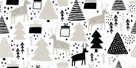 Childish seamless pattern with deers and pines. Trendy scandinavian holiday vector background. Perfect for kids apparel, fabric, textile, nursery decoration, wrapping paper. Kids pattern - Vectorのイラスト素材
