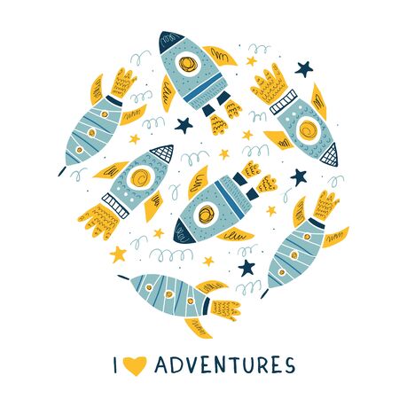 Round circle illustration with hand drawn doodle spaceships, planets, ufo and stars. Perfect for teenager geek fan of 90s tshirt. Kids space design. - Vectorのイラスト素材