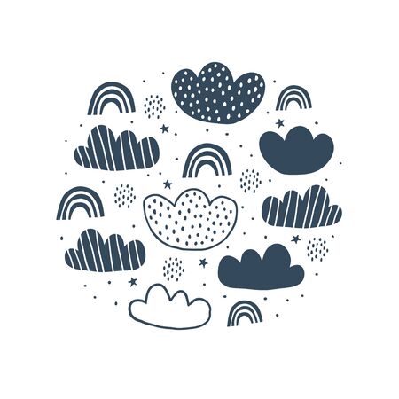 Kids hand drawn circle illustration with black and white clouds, rainbows, stars. Nursery minimalistic background. Scandinavian design. Print for babys design. Kids illustration - Vectorのイラスト素材