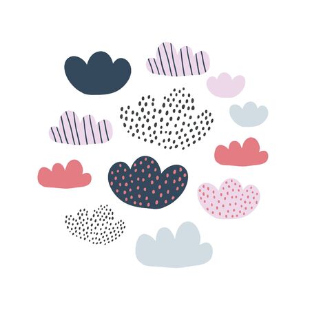 Kids hand drawn circle illustration with doodle minimalistic clouds. Nursery minimalism background. Scandinavian design. Print for babys design. Kids illustration for tshirt. children printのイラスト素材