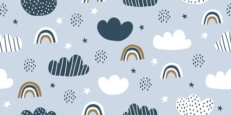 Childish seamless pattern with sky, clouds, rainbows. Cute cartoon background in minimalistic...