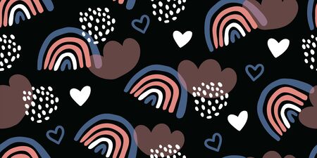 Cute childish seamless pattern with sky, clouds, rainbows, hearts on dark background. Minimalistic scandinavian pattern design. Perfect for fabric, textile, wrapping for kids. Kids patternのイラスト素材