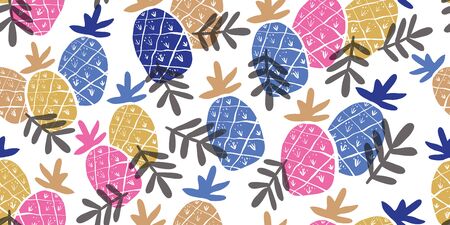 Colorful minimalistic abstract pineapples and leaves seamless pattern. Stylish tropical doodle vector pattern. Kids pattern in scandinavian styleのイラスト素材