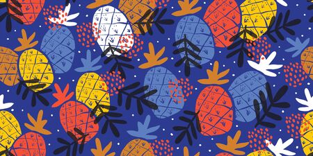 Colorful minimalistic abstract pineapples and leaves seamless pattern. Stylish tropical doodle...