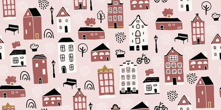 Seamless pattern with hand drawn colorful houses in scandinavian style. Perfect for fabric. textile, wallpaper. Scandinavian urban buildings background in pastel colors. Minimalistic Amsterdam patternのイラスト素材