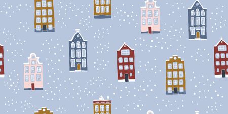 Seamless pattern with hand drawn winter houses in scandinavian style. Perfect for fabric. textile, wallpaper. Scandinavian urban buildings background in pastel colors. Minimalistic Amsterdam patternのイラスト素材
