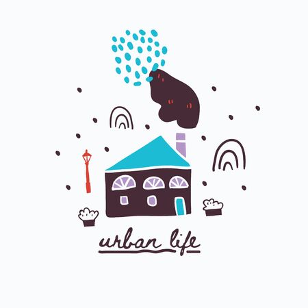 Vector illustration of urban houses and lettering. Traditional old buildings. Travel poster, postcards, greeting cards template. Hand drawn scandinavian style vector illustration.のイラスト素材