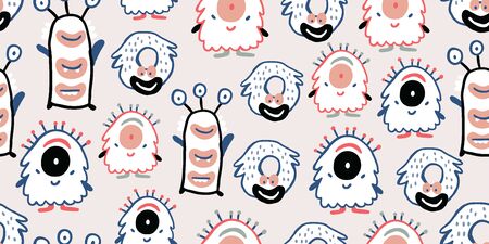 Kids hand drawn seamless pattern with colorful cute monsters characters. Nursery minimalistic background. Pastel colors for baby. Scandinavian design. Print for babys design. Kids patternのイラスト素材