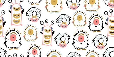 Kids hand drawn seamless pattern with colorful cute monsters characters. Nursery minimalistic background. Pastel colors for baby. Scandinavian design. Print for babys design. Kids patternのイラスト素材