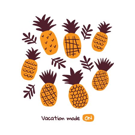 Circle illustration with colorful pineapples, tropical leaves and lettering. Stylish tropical doodle vector design. Tropical illustration in scandinavian styleのイラスト素材