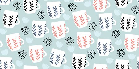 Seamless pattern with cups of coffee illustrations with polka dots and cartoon flowers on blue background. Autumn and winter mood. Home textile pattern in pastel colors. Scandinavian styleのイラスト素材