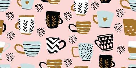 Seamless pattern with cups of coffee illustrations on pink background. Autumn and winter mood. Home decorations isolated on pink background. Scandinavian styleのイラスト素材
