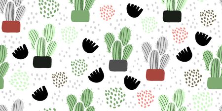 Seamless pattern with cactuses, succulents, leaves and polka dots in scandinavian style. Perfect for textile, wallpaper for kids. Scandinavian plants background in pastel colorsのイラスト素材