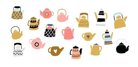 Collection of hand drawn tea pots isolated on white. Doodle illustration. Set of cute scandinavian style elements. Interior, home decor. Vector. Isolatedのイラスト素材