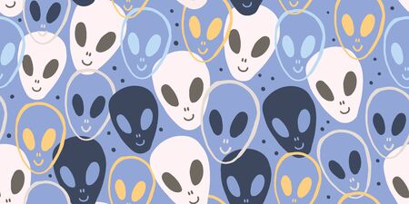 Childish seamless pattern with aliens faces ufo. Sci-fi pattern on blue background for baby boy....