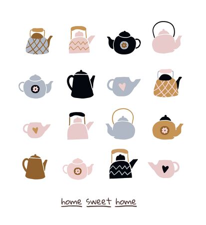 Set of hand drawn tea pots isolated on white with lettering. Doodle illustration. Set of cute scandinavian style elements. Interior, home decor. Vectorのイラスト素材