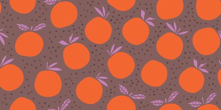 Stylish oranges fruits seamless pattern in hand drawn scandinavian style on dark background with polka dots. Summer design. Stylish kitchen citruses.のイラスト素材