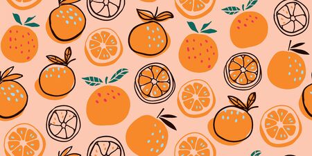 Stylish oranges fruits seamless pattern in hand drawn scandinavian style on pink background. Summer design. Stylish kitchen citruses.のイラスト素材