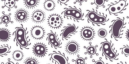 Black and white cute Hand Drawn Bacteria And Virus Theme Doodle Seamless Pattern In White Isolated Background. Scandinavian style medical background. Minimalistic stylish medical texture.のイラスト素材