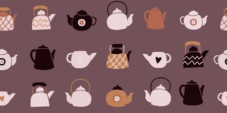 Cute tea pots seamless pattern on brown background. Vector hand drawn doodle illustration. Autumn and winter mood. Colorful scandinavian style textile design. Cozy kitchen fabric, textile designのイラスト素材