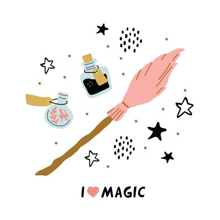 Different elements for witches at school of magic circle illustration with I love magic lettering. Broom, bottles with potion, stars, dots. Vector illustrationのイラスト素材