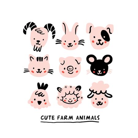 Cute cartoon farm animals isolated on white. goat, rabbit, dog, cat, pig, mouse, chicken, lamb, sheep. Hand drawn doodle vector illustration in minimalistic sketchy scandinavian style. Kids drawingのイラスト素材