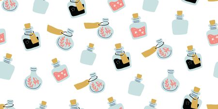 Seamless pattern with colorful magic cartoon bottles and love potions. Vector illustration. Magic elixir hand drawn pattern design. Scandinavian style magician patternのイラスト素材