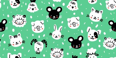 Cute cartoon farm animals seamless pattern. goat, rabbit, dog, cat, pig, mouse, chicken, lamb, sheep. Hand drawn doodle vector kids pattern in minimalistic sketchy scandinavian style. Kids patternのイラスト素材