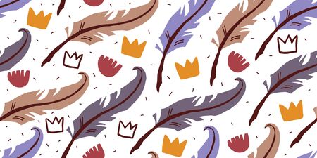 Vector seamless pattern with feathers, red flowers, crowns in Scandinavian style on white background. Cute modern stylish print for textile, fabrics, dress for kids. Children pattern with crownsのイラスト素材