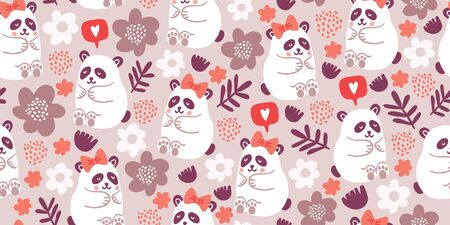 Seamless pattern with cute pandas couples in love with flowers, speech bubble with love emoji, polka dots in pastel colors. Valentines day kids pattern with cute animals. Children pattern.のイラスト素材