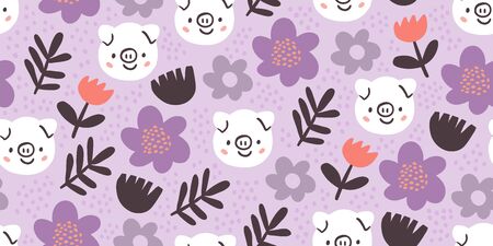 Cute pigs characters pink seamless pattern with spring flowers in minimalistic scandinavian style. Pig character doodle. Kids seamless patternのイラスト素材
