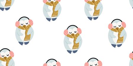 Cute penguins with headphones seamless pattern in minimalistic scandinavian style on white. Penguin character doodle. Winter kids seamless patternのイラスト素材