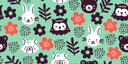 Cute forest animals characters green seamless pattern with flowers in minimalistic scandinavian style. Owl, rabbit, bear, fox in the wood. Forest inhabitants textile design. Kids seamless patternのイラスト素材