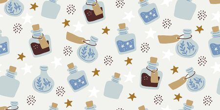 Seamless pattern with colorful magic cartoon bottles and love potions with stars, polka dots. Vector illustration. Magic elixir hand drawn pattern design. Scandinavian style magician patternのイラスト素材